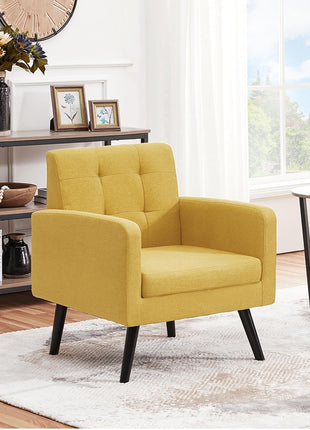 Set of 2 Mid-Century Modern Upholstered Accent Chairs with Button Tufted Back and Wooden Legs for Living Room, Bedroom, Office, or Cafe - Yellow