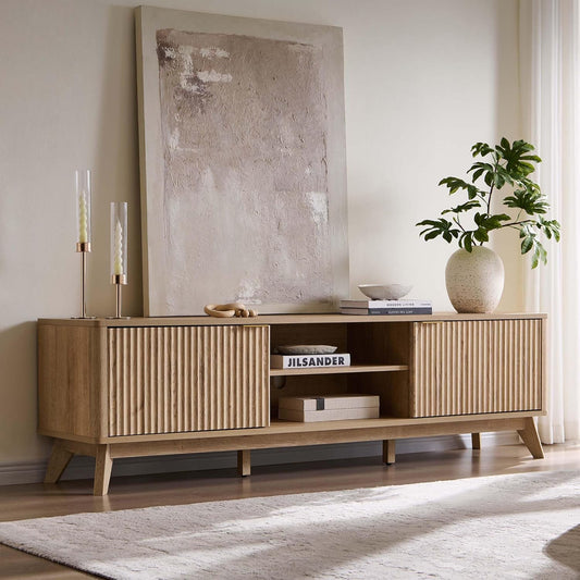 70" Mid Century Modern Fluted TV Stand, Entertainment Center, Sideboard, Media Console for Living Room with 2 Soft Close Door/Adjustable Shelves (Natural Oak)