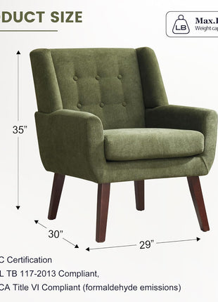 Set of 2 Mid-Century Modern Upholstered Button-Tufted Accent Chairs with Wooden Legs, Green Fabric Armchairs for Living Room and Bedroom