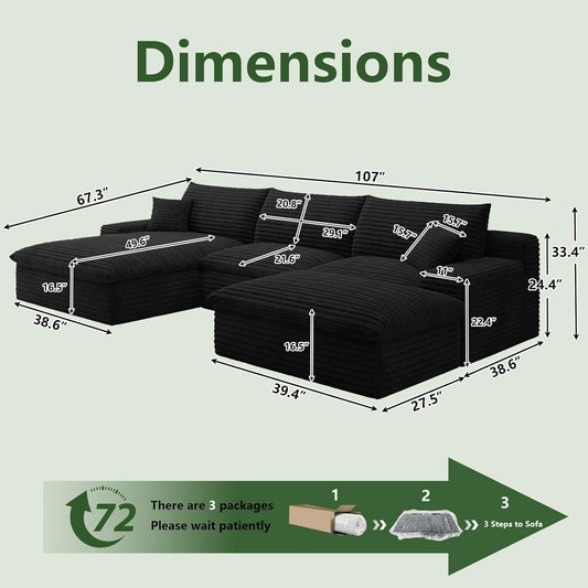 107" Cloud Couch Modular Sectional Sofa for Living Room, U-Shape Boneless Couch with Deep Seat, Modern Corduroy 3-Seater with Ottoman, No Assembly Required (Black,Left-Facing Chaise)