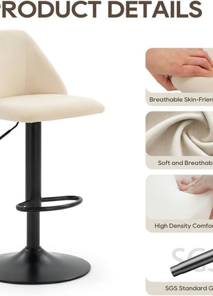Set of 2 Adjustable Fabric Bar Stools - 360° Swivel Counter Height Chairs with Cushioned Seat and Sturdy Metal Base for Dining Room and Kitchen Island, 250 lbs Capacity