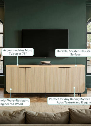 Reema Fluted 4-Door Buffet Console Sideboard, 69-Inch, Coastal Oak Finish