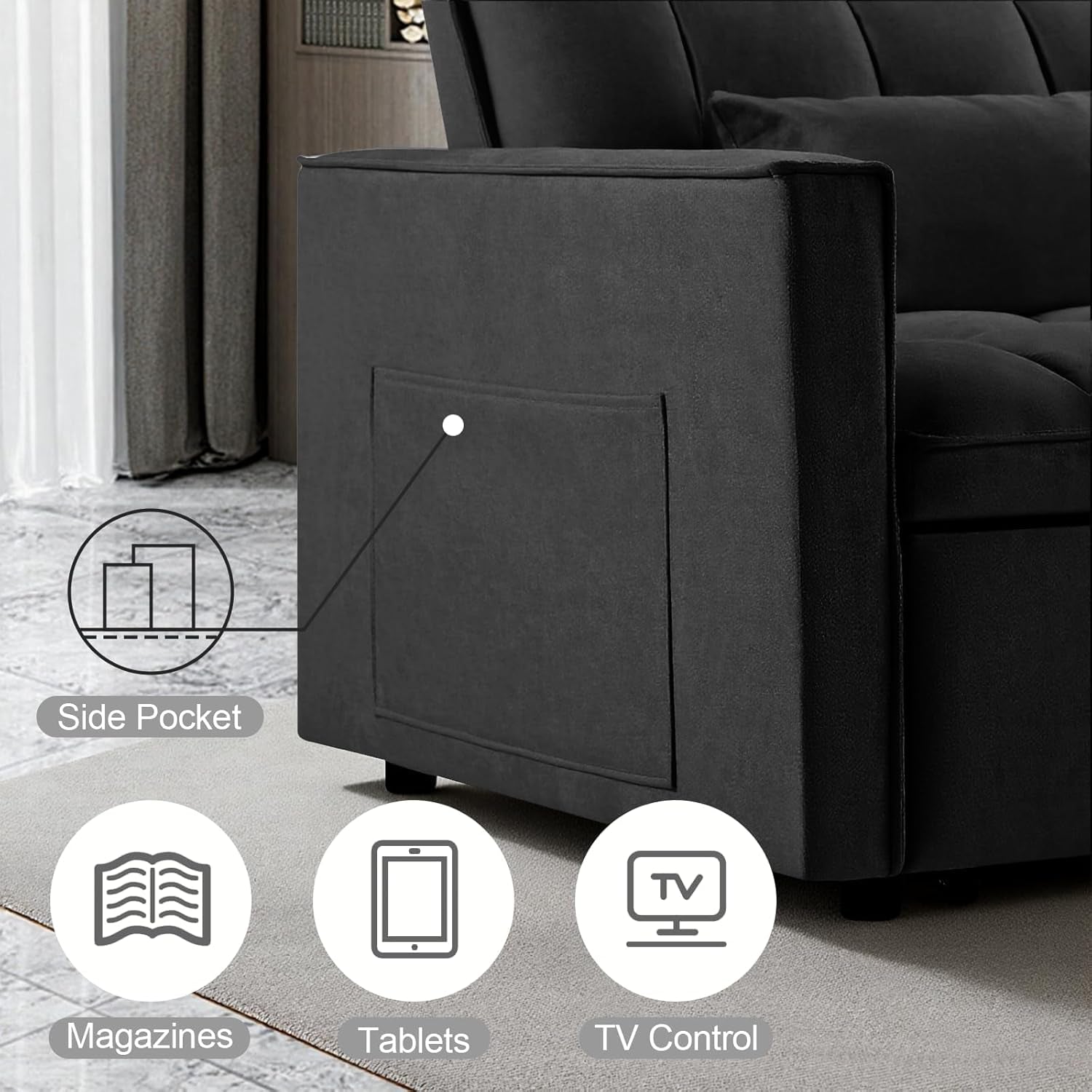 Convertible Sofa Bed, Pull Out Couch with Side Pockets, 3 in 1 Velvet Fabric Loveseat Sleeper Sofa Bed, Pull Out Couch with Adjustable Backrest for Living Room, Bedroom, Apartment, Black