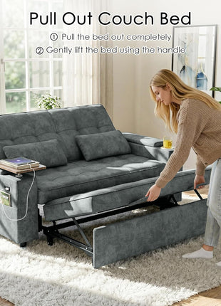Versatile 65-Inch Chenille Sleeper Sofa Bed - Stylish Convertible Loveseat with Adjustable Backrest, Integrated Side Table, Built-In Charging Port, Cup Holder, and Hidden Storage in Dark Grey