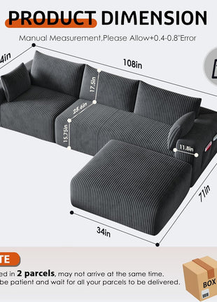 Luxurious 108" Modular Sectional Sofa in Dark Gray Corduroy - L-Shaped Design with Deep Chaise and No Assembly Required - Ideal for Apartment Living