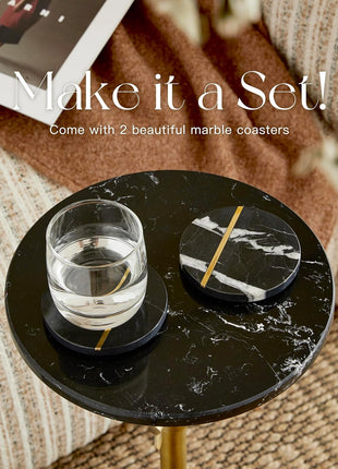 Adjustable-Height Modern Marble Accent Table - 10x10x22-30, Black Marble & Antique Brass, Round End Table with Pedestal Base for Compact Spaces, Vintage Metal Martini Cocktail Table