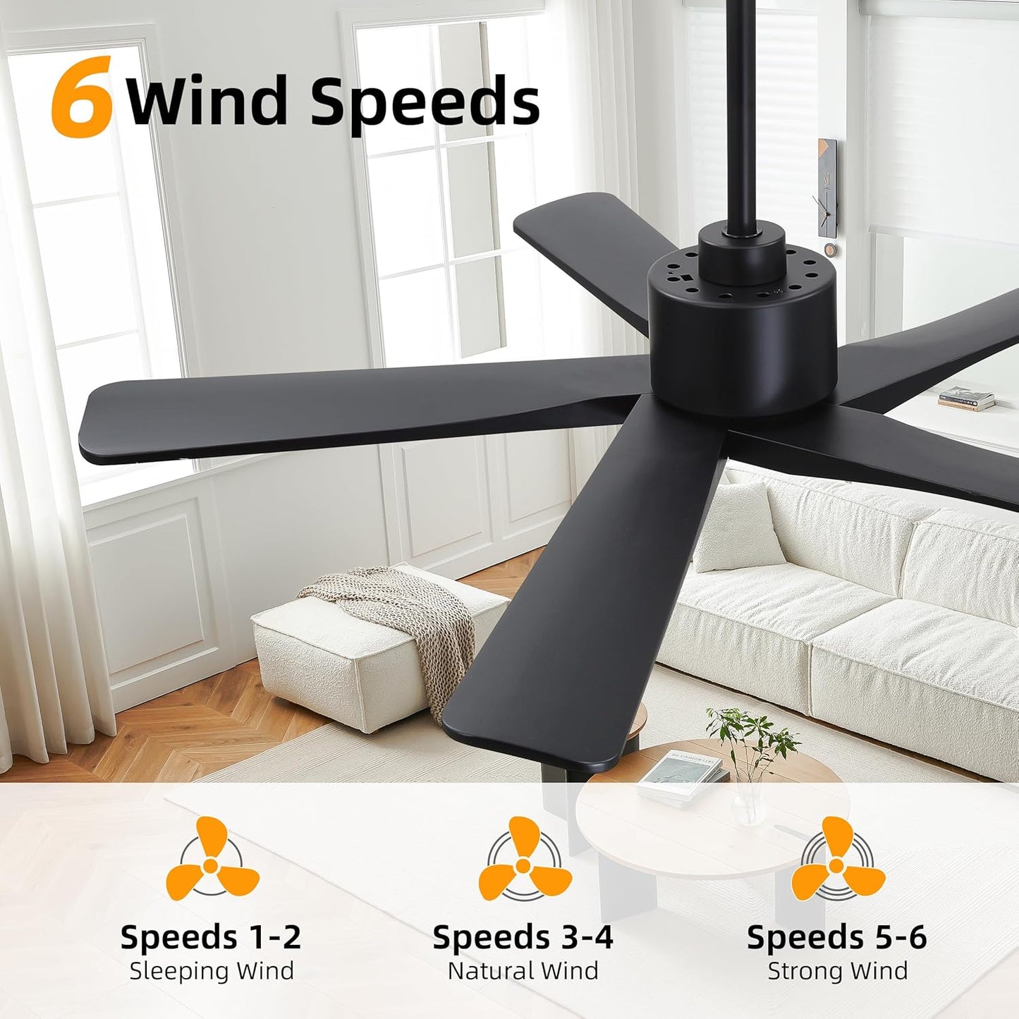 48" DC Ceiling Fan No Light - 5 Carved Solid Wood Blades, 6-Speed Reversible DC Motor, Ceiling Fan without Lights for Living Room Bedroom Kitchen Patio, Indoor and Outdoor, Matte Black