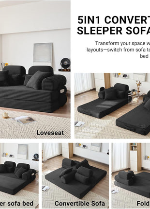 78.8" Multifunctional Convertible Sofa Bed with High Backrest & Headrest - 5-in-1 Corduroy Couch with Side Pocket, No Assembly Needed, Washable Detachable Cover, Ideal for Living Room - Elegant Black Finish
