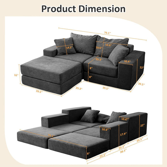Modular Sectional Loveaeat Cloud Sofa, Boneless Couch with Non Slip Base, Cozy Sleeper Sofa for Customizable Living Spaces, Modern Modular Couch with L-Shape Chaise, Deep Seat & No Assembly, Grey