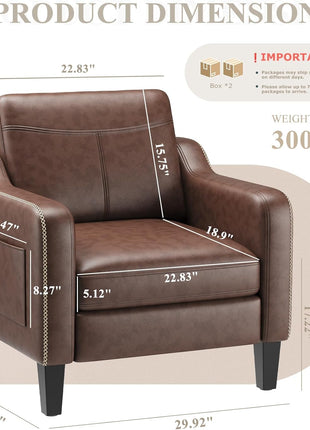 Mid-Century Modern Set of 2 PU Leather Accent Chairs with Removable Cushions and Stitched Armrests in Chocolate Brown