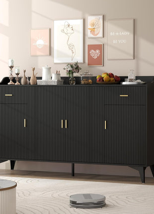63" Black Fluted Sideboard Buffet Cabinet with Drawers and Storage for Modern Kitchens and Living Rooms