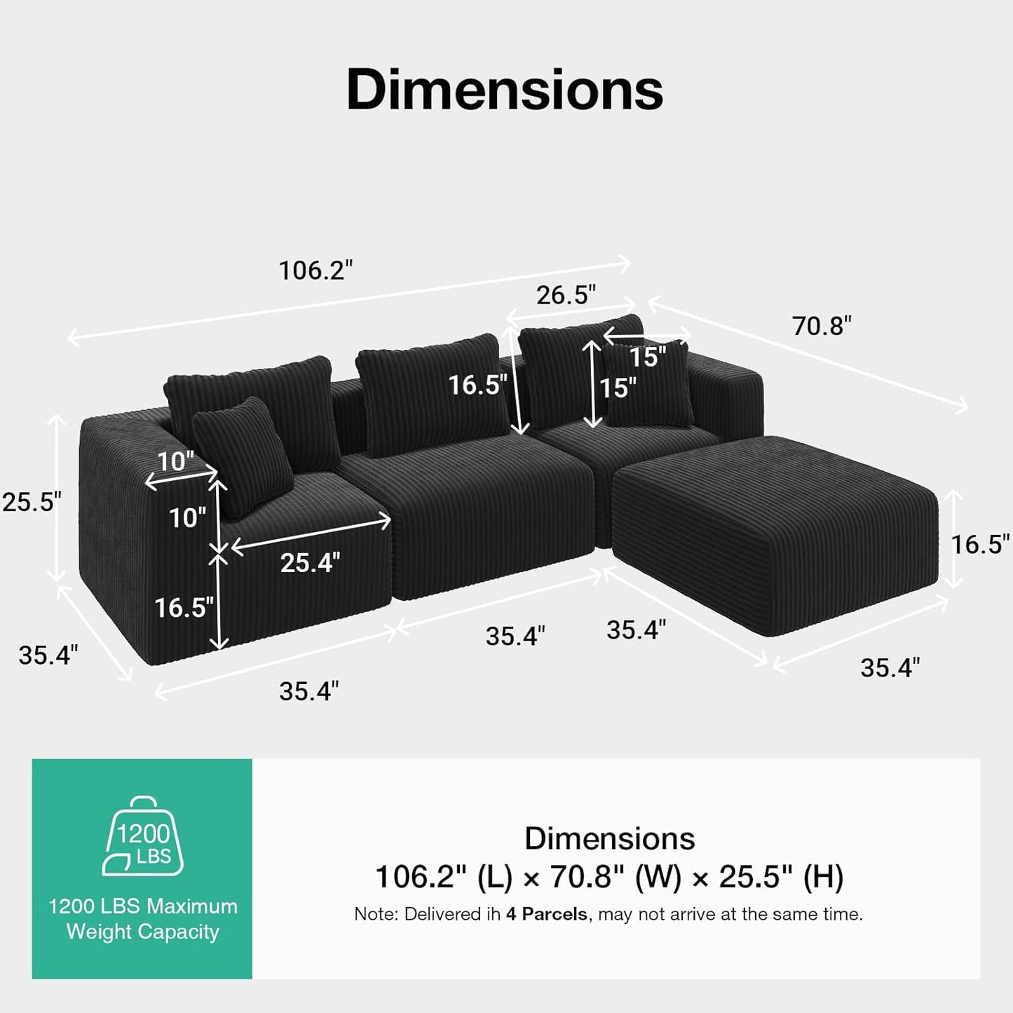 106" Modular Sectional Sofa, Modern Cloud Sectional Couch with Smarts Coil® Support, L-Shape Boneless Couch for Living Room Apartments Bedroom, No Assembly Required (3 Seater + 1 Ottoman)
