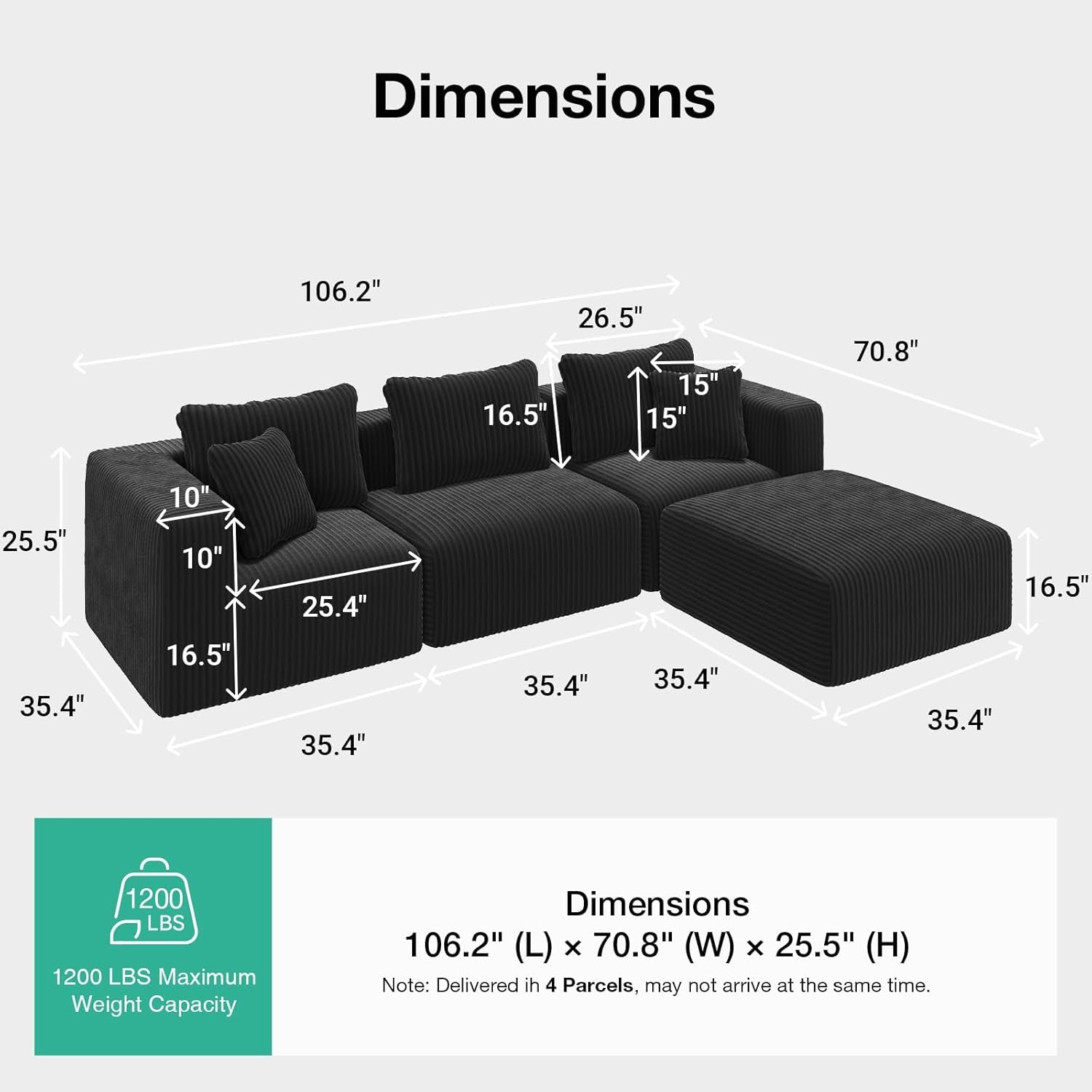 106" Modular Sectional Sofa, Modern Cloud Sectional Couch with Smarts Coil® Support, L-Shape Boneless Couch for Living Room Apartments Bedroom, No Assembly Required (3 Seater + 1 Ottoman)