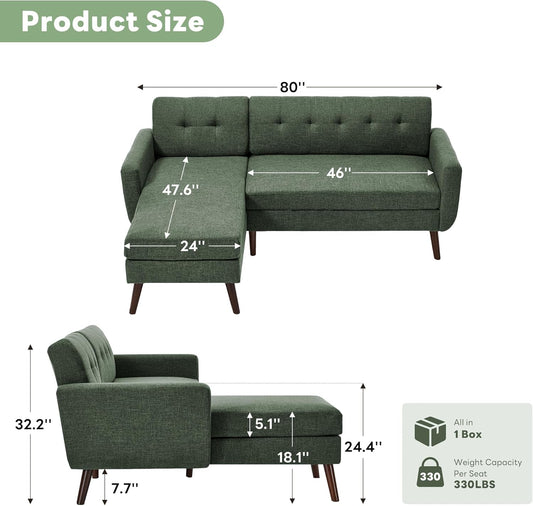L Shaped Couch Sofa, 80" W Mid-Century Modern Sectional Couches, 3 Seater Sofas with Wide Chaise Lounge, Button Tufted Upholstered Sectional Sofa for Living Room, Bedroom, Green | Linen Fabric, Button Tufted, Solid Wood Foot, Pocket Spring, Wood Slats Frame