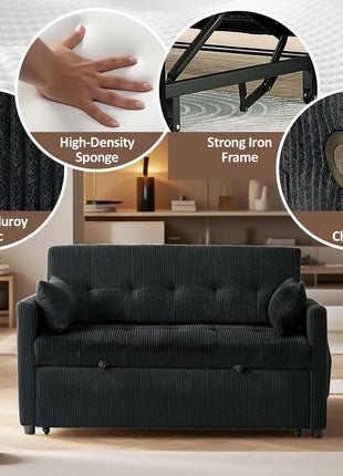 3-in-1 Convertible Loveseat Sofa Bed with Pull-Out Bed, USB Ports, and Pockets - Modern Corduroy Design for Living Room or Bedroom (Black)