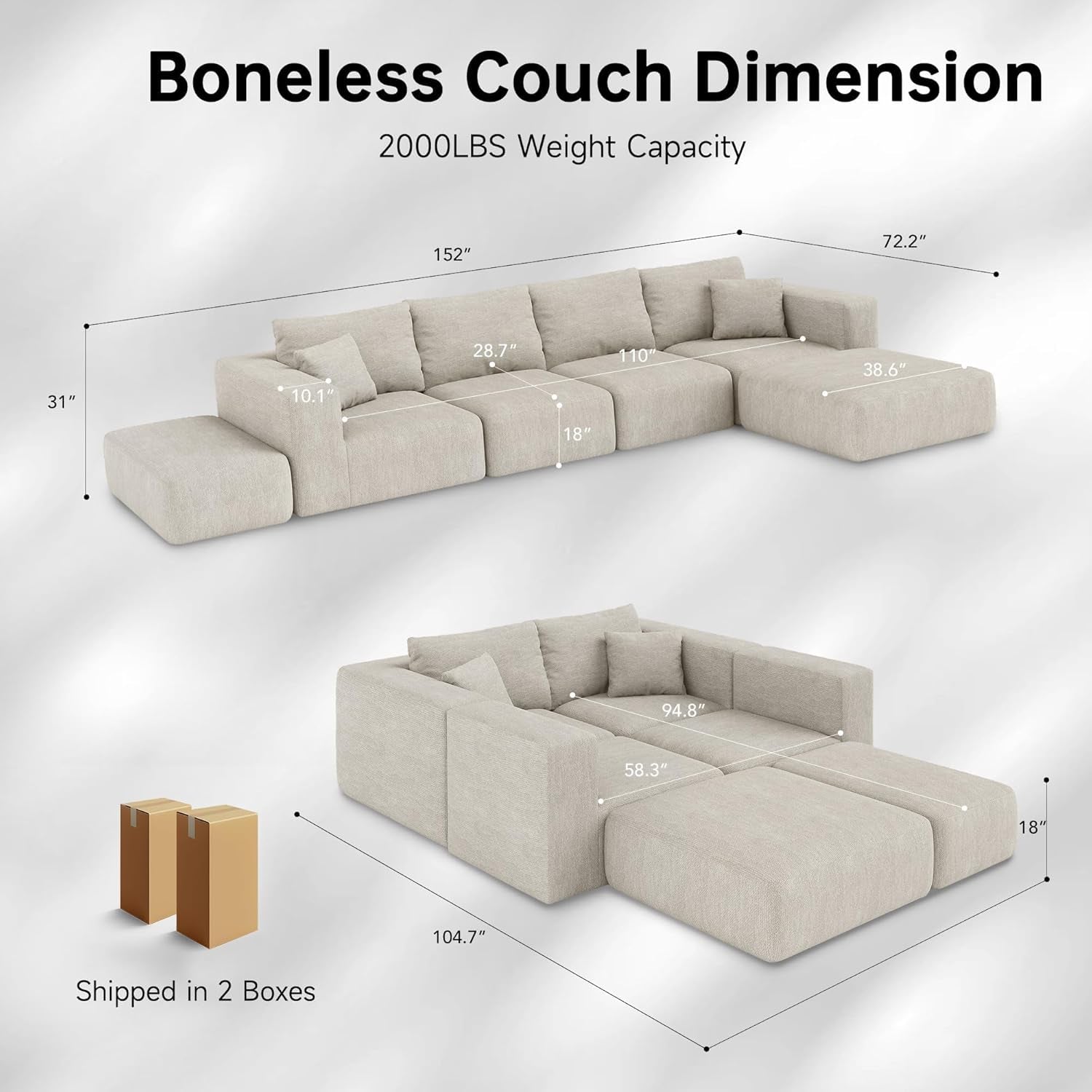 152'' Modern Boneless Couch, Oversized 2-In-1 Modular Sectional Sofa Bed, Extra Deep Seat Upholstery Cloud Couch, Boneless Couches for Living Room, No Assembly Required, Beige Chenille