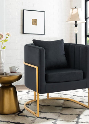 Set of 2 Modern Velvet Accent Chairs, Upholstered Mid-Century Barrel Armchairs with Cushions for Living Room, Comfortable Vanity Chairs with Gold Metal Legs for Bedroom, Black
