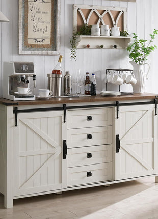 Farmhouse Style Sideboard Buffet Cabinet with Ample Storage - 60" Kitchen Cabinet with Sliding Barn Doors and 4 Drawers, 31.2" Tall Antique White Wood Coffee Bar Table for Dining Room