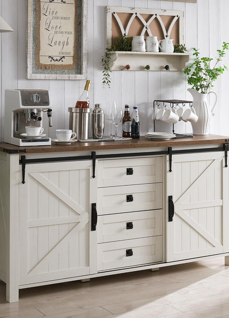 Farmhouse Style Sideboard Buffet Cabinet with Ample Storage - 60" Kitchen Cabinet with Sliding Barn Doors and 4 Drawers, 31.2" Tall Antique White Wood Coffee Bar Table for Dining Room