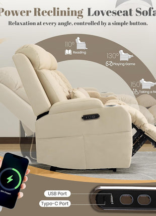 Zero Wall Hugger Power Reclining Sofa with Adjustable Headrest, Electric Reclining Couch Featuring Drop-Down Table and Outlets, Power Loveseat Recliner Sofa for Living Room and RV (Beige, 3-Seater)