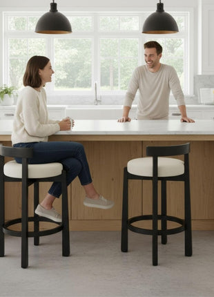 Set of 4 Mid-Century Modern Linen Counter Stools with Upholstered 26.5” Seat Height, Black Wood Legs, and Round Low Back, Perfect for Dining Rooms and Restaurants, Beige