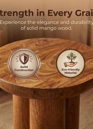 Gaia Round End Table - Solid Mango Wood for Rustic Elegance in Living Room and Farmhouse Décor - Versatile Side Table and Nightstand in Walnut Finish