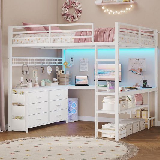 Loft Bed Full Size with U-Shaped Desk, 6 Storage Drawers, Power Outlet, LED Metal Loft Bed with 2 Storage Shelves, Bed with Safety Guardrail & Ladders,Space-Saving,White