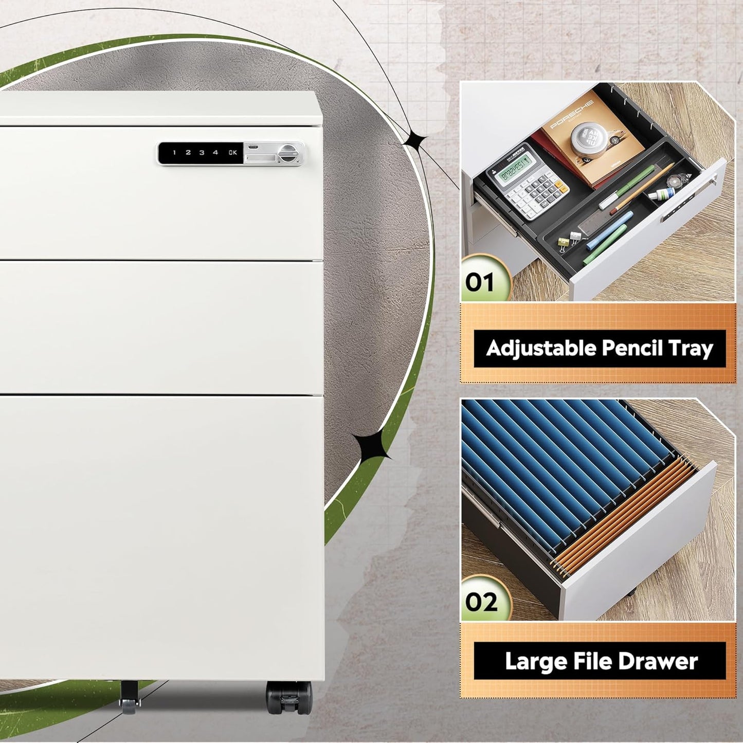 3 Drawer File Cabinet with Combination Lock，Fully Assembled Metal Filling Cabinet except Wheels, Mobile under Desk File Cabinets for Home Office, White