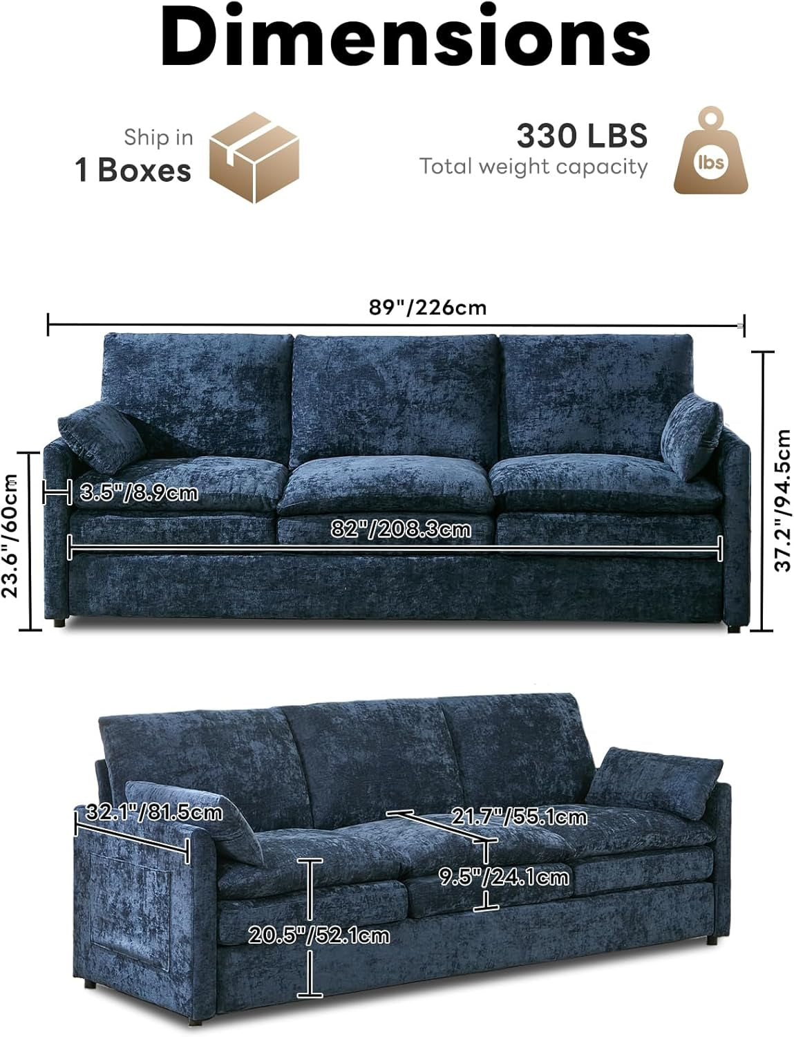 89" Cloud Modern Sofa, Comfy 3-Seater Couch W/Pillows, Pocketed Spring Seats, Plush Foam Cushions, Chenille Fabric Removable Cover, Soft Upholstered Living Room Furniture Home Apartment, Blue | Ultra Soft Cushions, Dual-Layered Cushion, Pocket Spring, Cloud Comfort, Premium Chenille