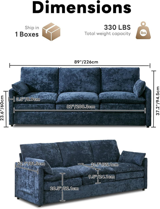 89" Cloud Modern Sofa, Comfy 3-Seater Couch W/Pillows, Pocketed Spring Seats, Plush Foam Cushions, Chenille Fabric Removable Cover, Soft Upholstered Living Room Furniture Home Apartment, Blue | Ultra Soft Cushions, Dual-Layered Cushion, Pocket Spring, Cloud Comfort, Premium Chenille