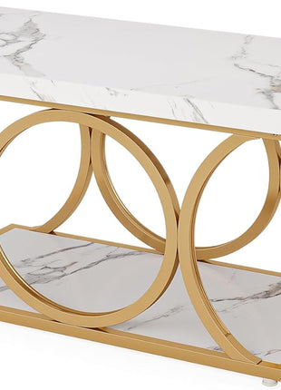 46.45” Contemporary Rectangle Coffee Table with Faux Marble Surface and Geometric Legs, Two-Tier Design Featuring Storage Shelf (White & Gold)