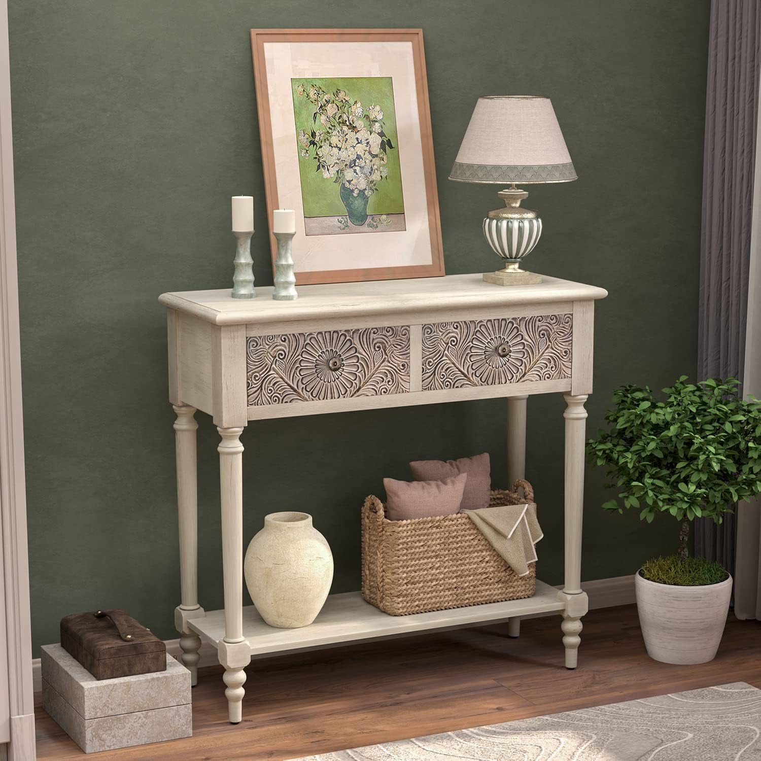 Console Table with 2 Drawers, MDF Narrow Entryway Table with Storage Shelf, Wood Accent Sofa Table for Living Room, Entrance, Hallway, Couch, Light Grey
