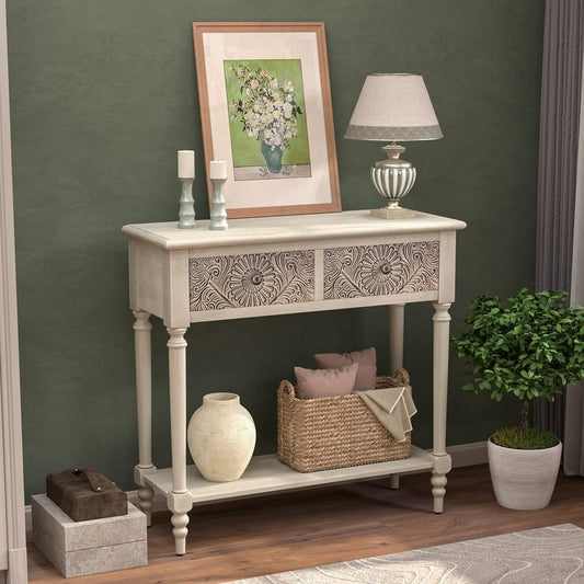 Console Table with 2 Drawers, MDF Narrow Entryway Table with Storage Shelf, Wood Accent Sofa Table for Living Room, Entrance, Hallway, Couch, Light Grey