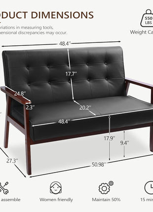 Mid-Century Modern Upholstered Faux Leather Loveseat Sofa with Wood Arms, 2-Seat Couch for Living Room and Outdoor Lounge, 50” Width