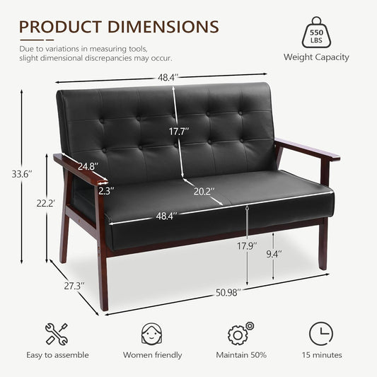 Mid-Century Modern Solid Loveseat Sofa Upholstered Faux Leather Couch 2-Seat Wood Armchair Living Room/Outdoor Lounge Chair, Waiting Room Sofa, 50”W
