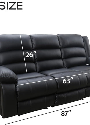 Faux Leather Manual Reclining Sofa with Dual Concealed Cup Holders and Overstuffed Armrests, 3-Seat Recliner for Living Room, Bedroom, or Meeting Room, Black