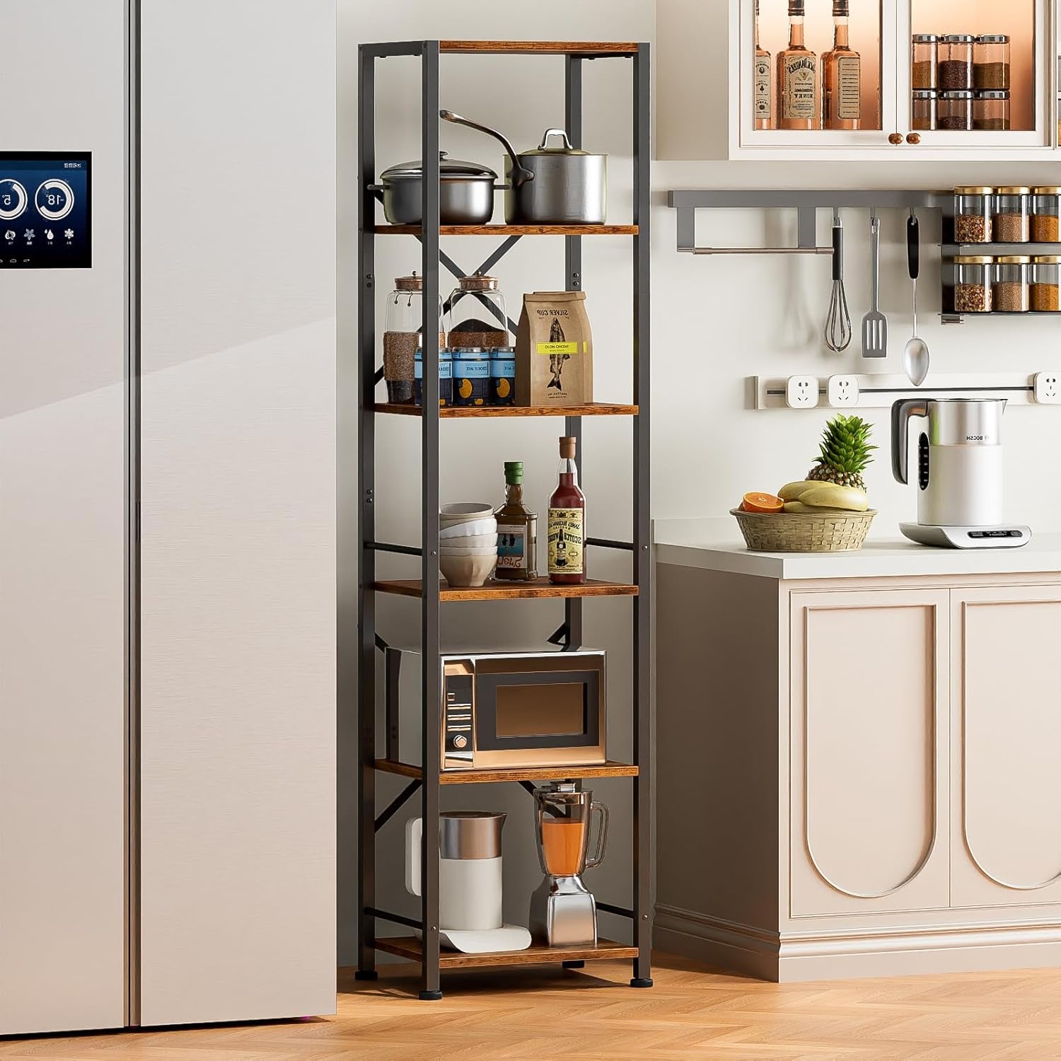 6 Tier Tall Bookshelf, Industrial Narrow Bookcase, Display Standing Shelf Units, Metal and Wood Storage Rack Organizer for Living Room, Home Office, Entryway, Kitchen, Rustic Brown