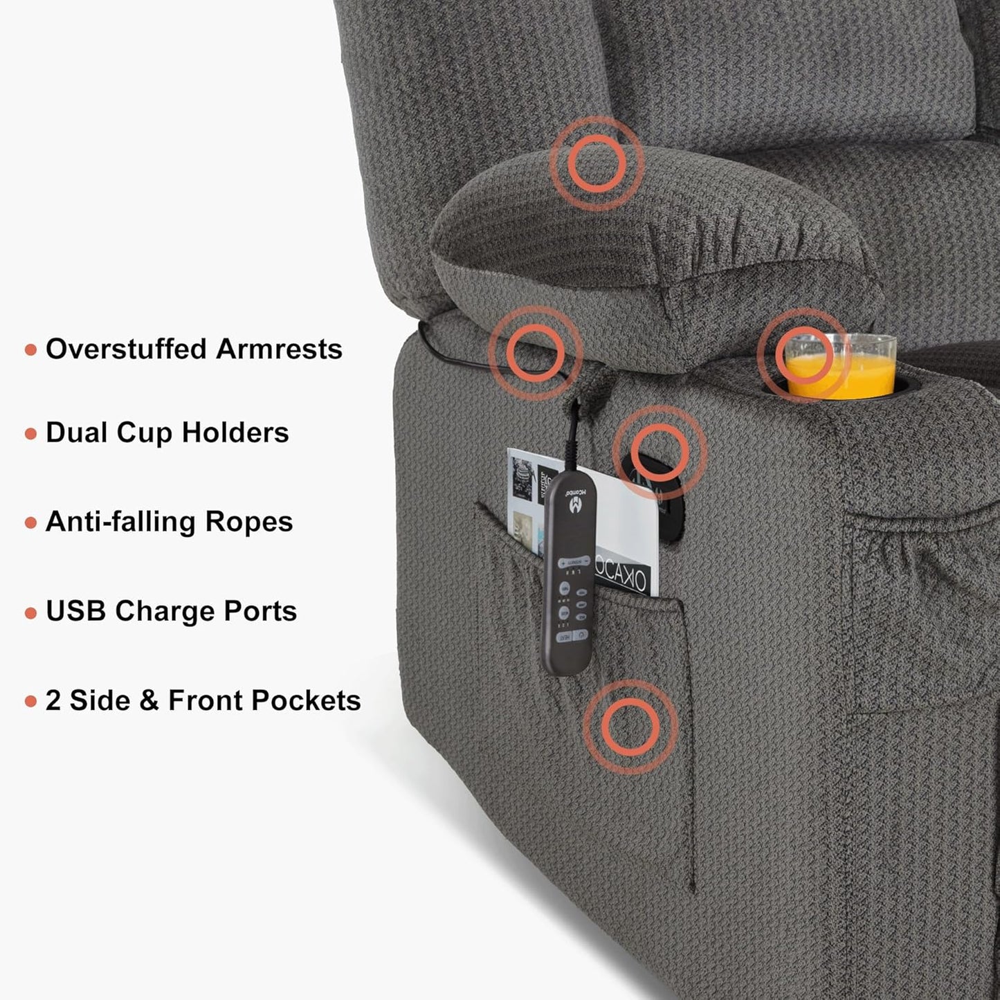 55.9" Zero Gravity Power Loveseat Recliner with Heat and Vibration Massage, Reclining Loveseat Sofa with USB Ports, Cup Holders for Living Room, Fabric PR648SET (Grey)