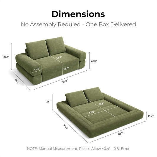 Convertible Sleeper Sofa Bed Floor Sofa 3-In-1 No Assembly, Foldable Mattress with Corduroy Upholstery Green, Lounge Loveseat Couch for Living Room Studio Guest Room