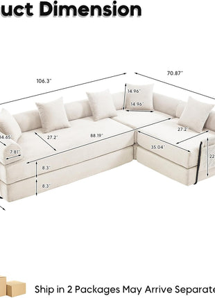 Luxurious Oversized Modern Corduroy L-Shaped Sleeper Sofa with Storage and Pillows in Beige and White
