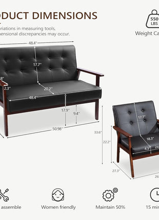 Mid-Century Modern 1 Loveseat Sofa and 2 Accent Chairs Set with Wooden Armrests for Living Room (Model 8428, Black)