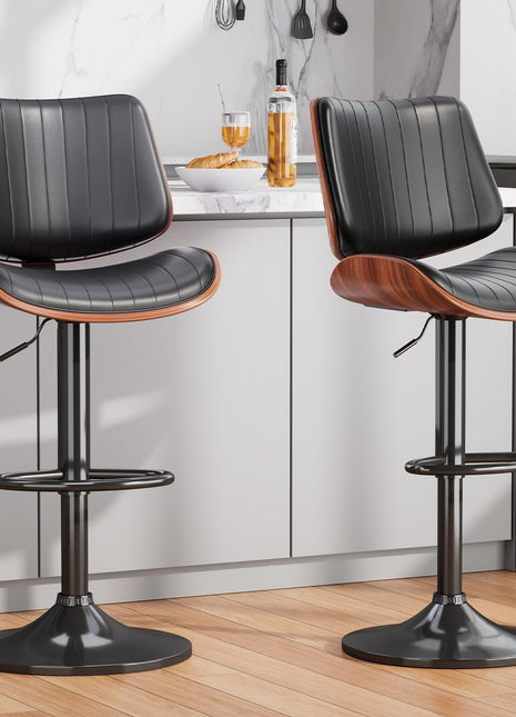 Set of 2 Adjustable Swivel Bar Stools in Mid-Century Modern Bentwood Design with PU Leather Upholstery, Backrest, and Footrest - Perfect for Kitchen Counter, Bar, or Dining Room, Black