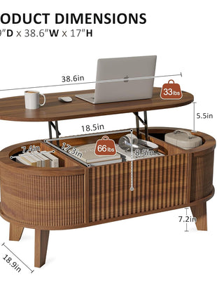 Contemporary Oval Fluted Lift-Top Coffee Table with Storage for Living Room or Home Office in Walnut Finish