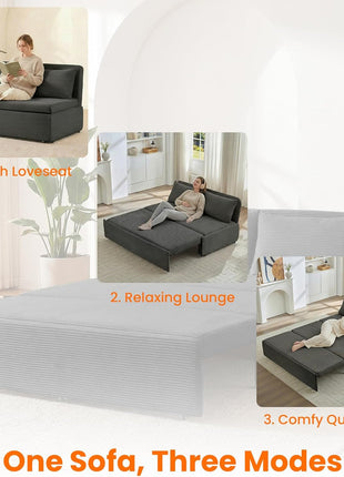 Elegant 3-in-1 Queen Size Pull-Out Sofa Bed - Plush Corduroy Couch with Tri-Fold Mattress and Pillows for Compact Living - Dark Grey