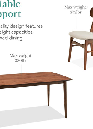 7-Piece Mid-Century Modern Wooden Dining Set with Upholstered Chairs and Rounded Table Corners in Walnut and Cream
