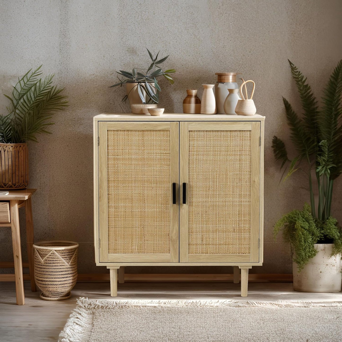Sideboard Buffet Cabinet, Kitchen Storage Sideboard with Rattan Decorated Doors, Liquor Coffee Buffet, Dining Room, Hallway, Console Table, Accent Cabinet, 31.5X 15.8X 34.6 Inches, Natural