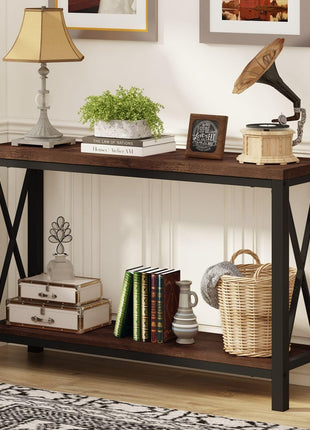47-Inch Industrial 2-Tier Console Table in Rustic Oak for Entryway, Living Room, Hallway, and Foyer