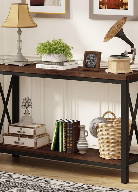 47-Inch Industrial 2-Tier Console Table in Rustic Oak for Entryway, Living Room, Hallway, and Foyer