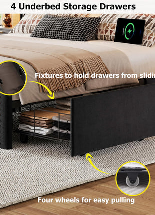 Velvet Upholstered Queen Size Bed Frame with 4 Storage Drawers, Integrated Charging Station, and Storage Headboard, LED Accents, Crystal Décor, No Box Spring Required, Black