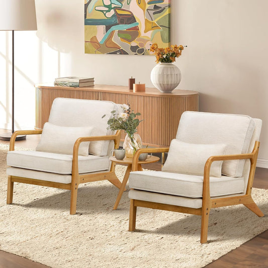 Mid-Century Accent Chair Set of 2 with Solid Wood Frame, Reading Relaxing Armchair Lumbar Pillow& Soft Cushion, Leisure Chair for Living Room, Bedroom, Waiting Room-Beige